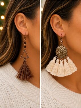 Boho Tassel Earrings Cream Gold Bronze Round Festival Statement Dangle 2 Pair